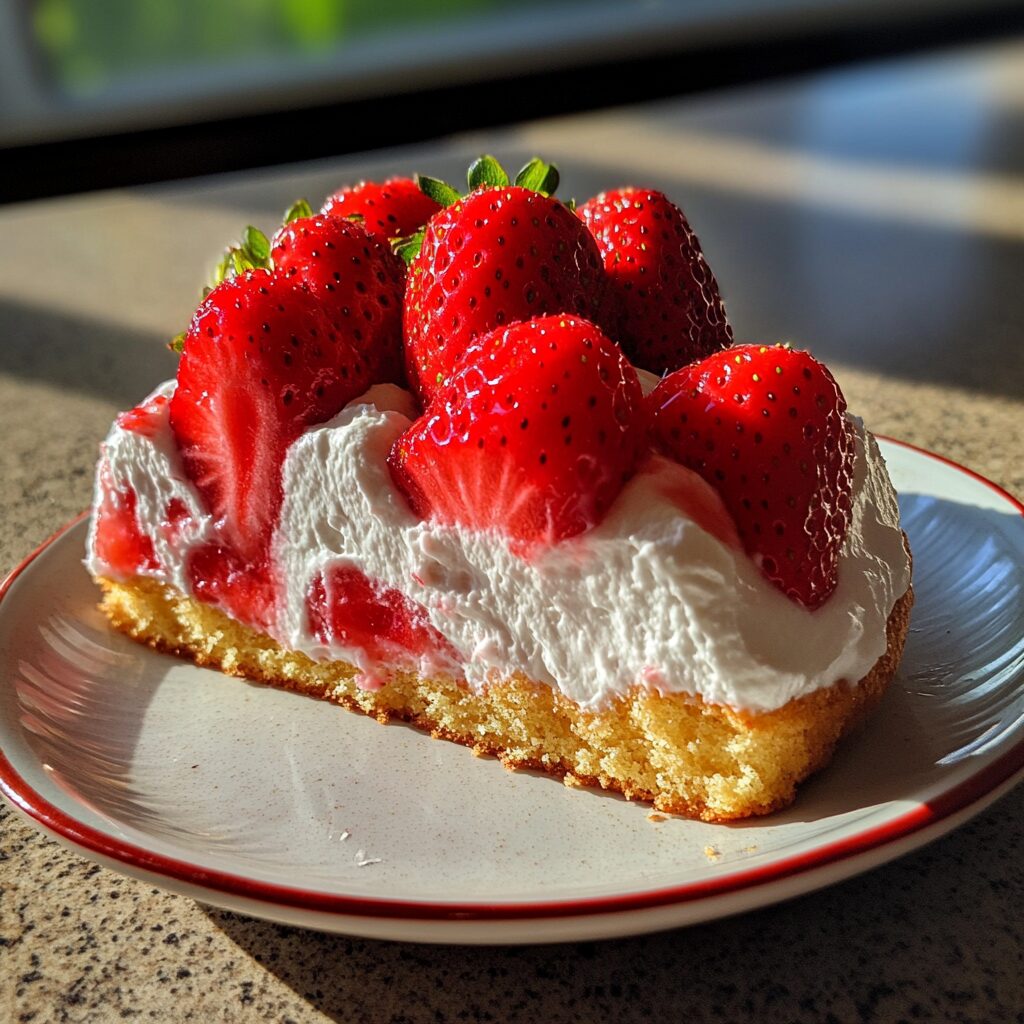 Strawberry Shortcake Cake served on a plate in natural light