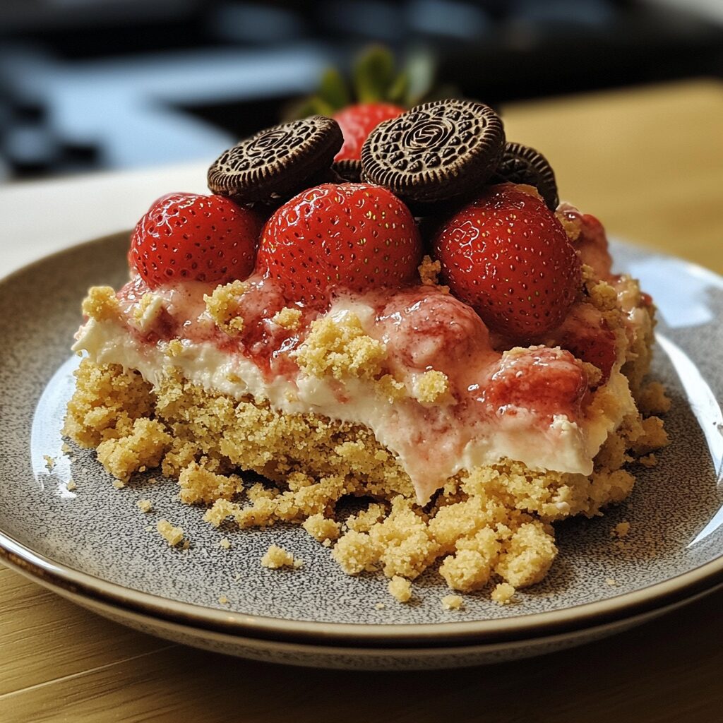 Strawberry Shortcake Crumble with Oreos served on a plate in natural light