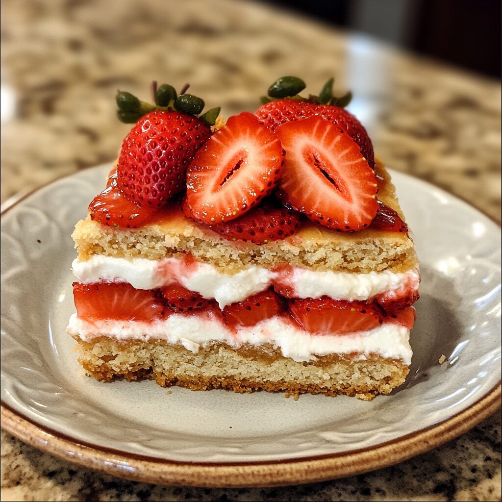 Strawberry Shortcake Layered Slice served on a plate in natural light