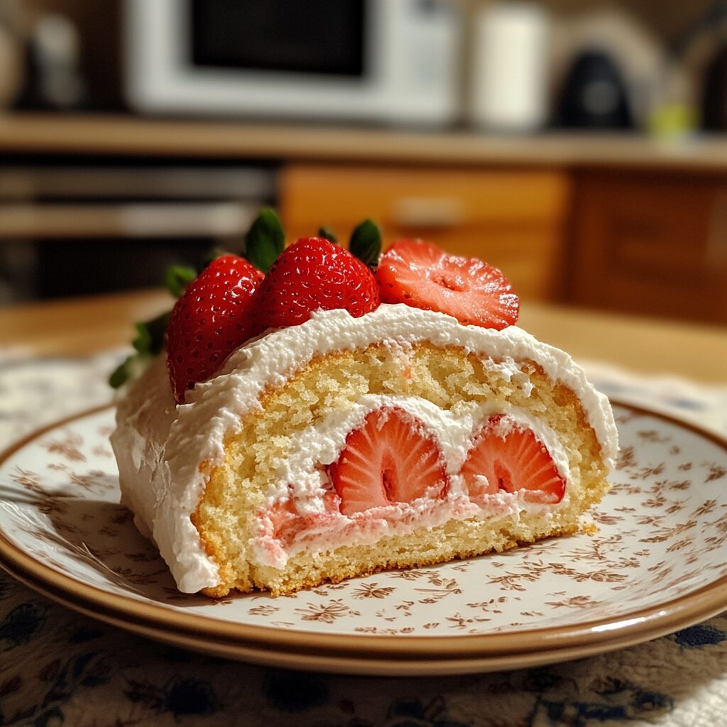 Strawberry Shortcake Roulade served on a plate in natural light