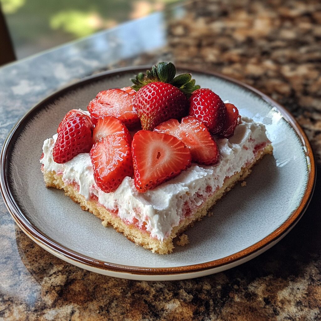 Strawberry Shortcake Sheet Cake served on a plate in natural light