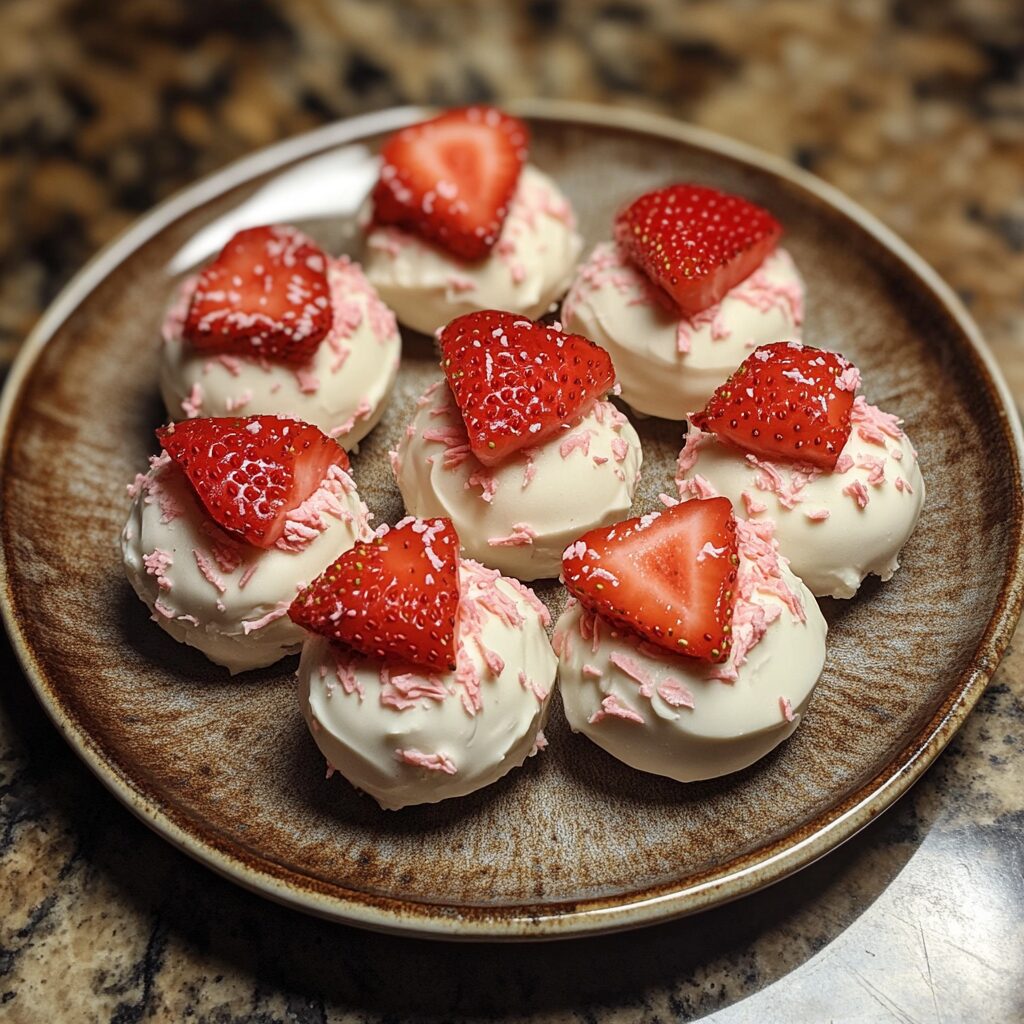 Strawberry Shortcake Truffles served on a plate in natural light