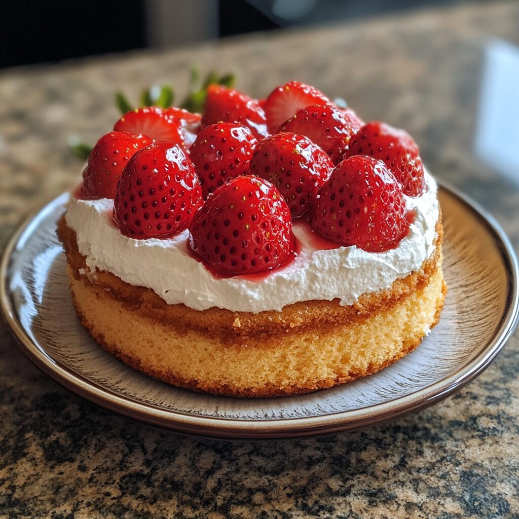 Strawberry Shortcake with Sponge Cake served on a plate in natural light
