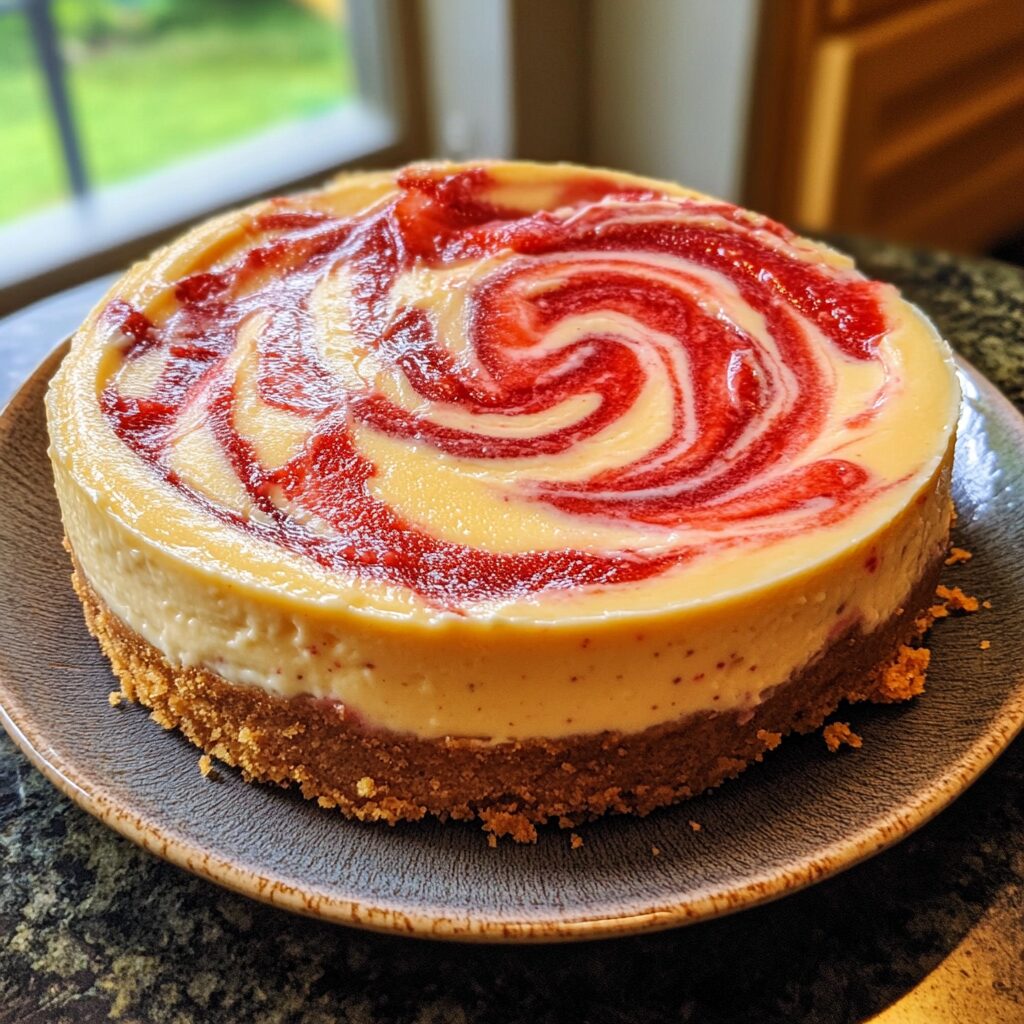 Strawberry Swirl Cheesecake Recipe served on a plate in natural light