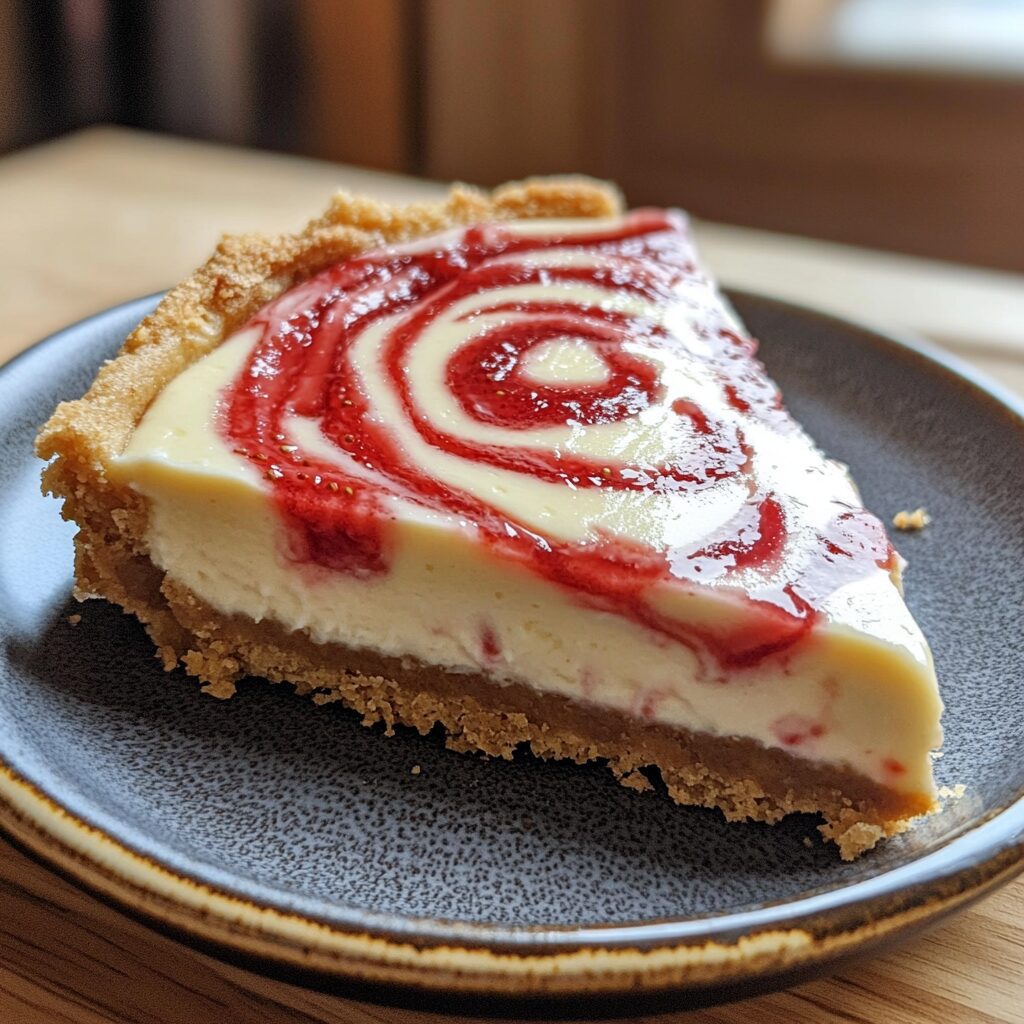 Strawberry Swirl Cheesecake served on a plate in natural light