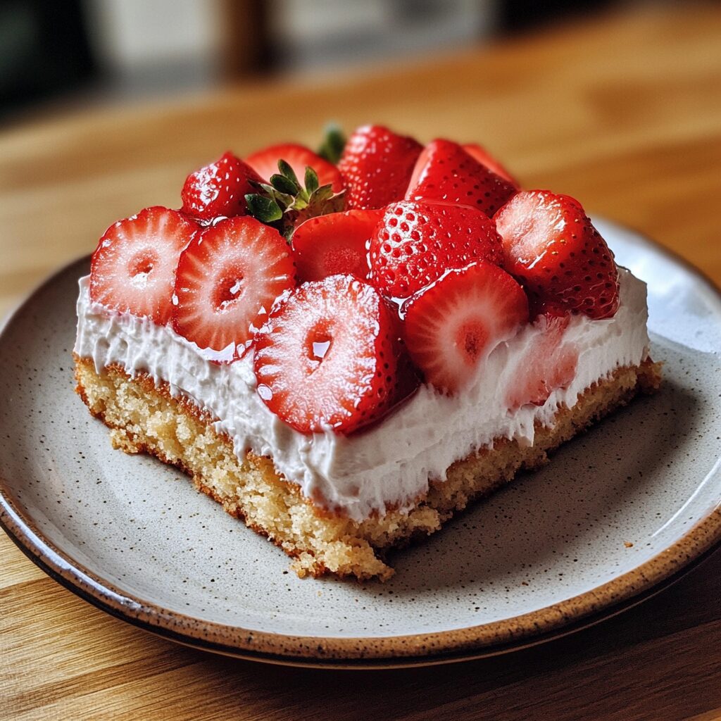 Strawberry Vanilla Cake served on a plate in natural light