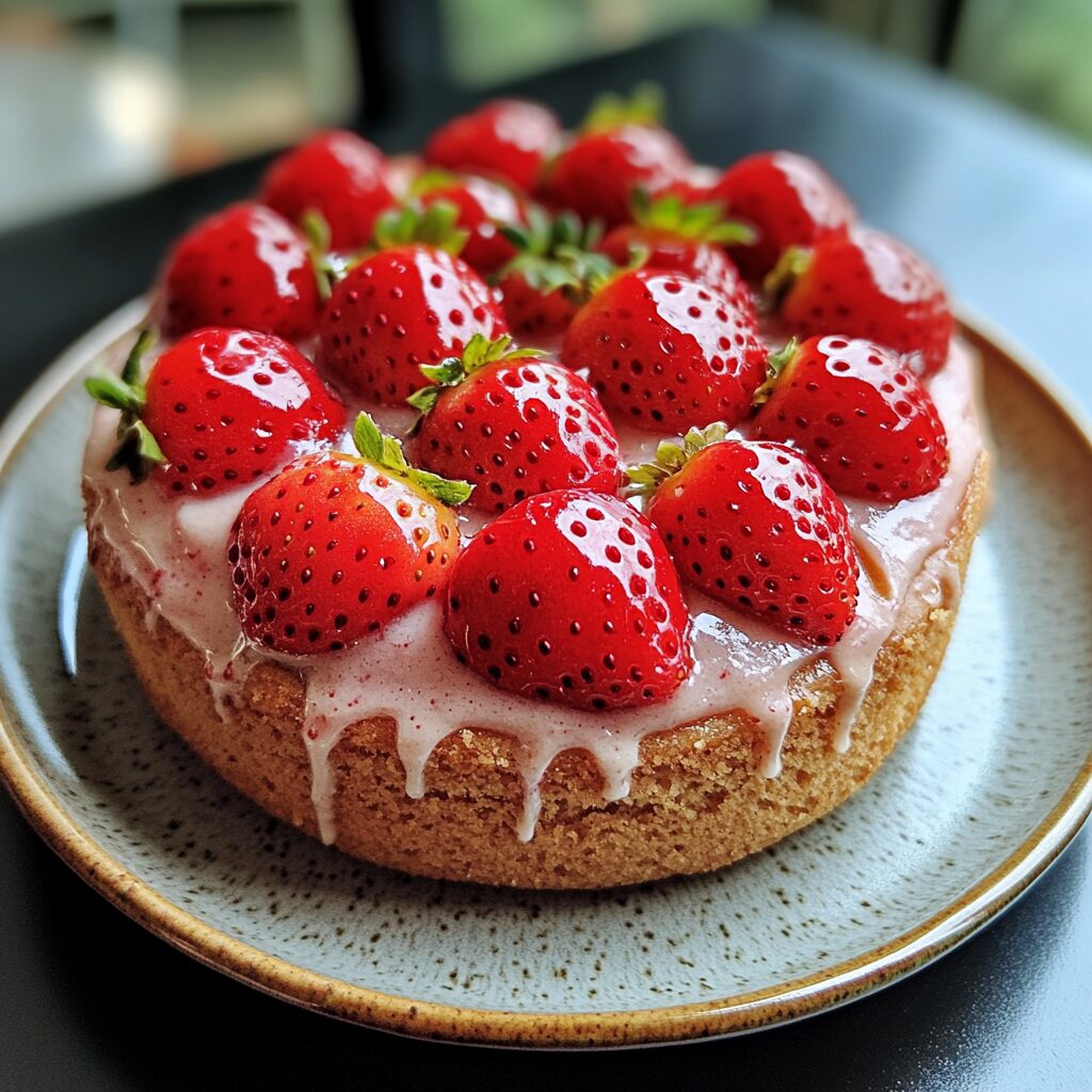 Strawberry baked cake whimsical strawberry cute design served on a plate in natural light