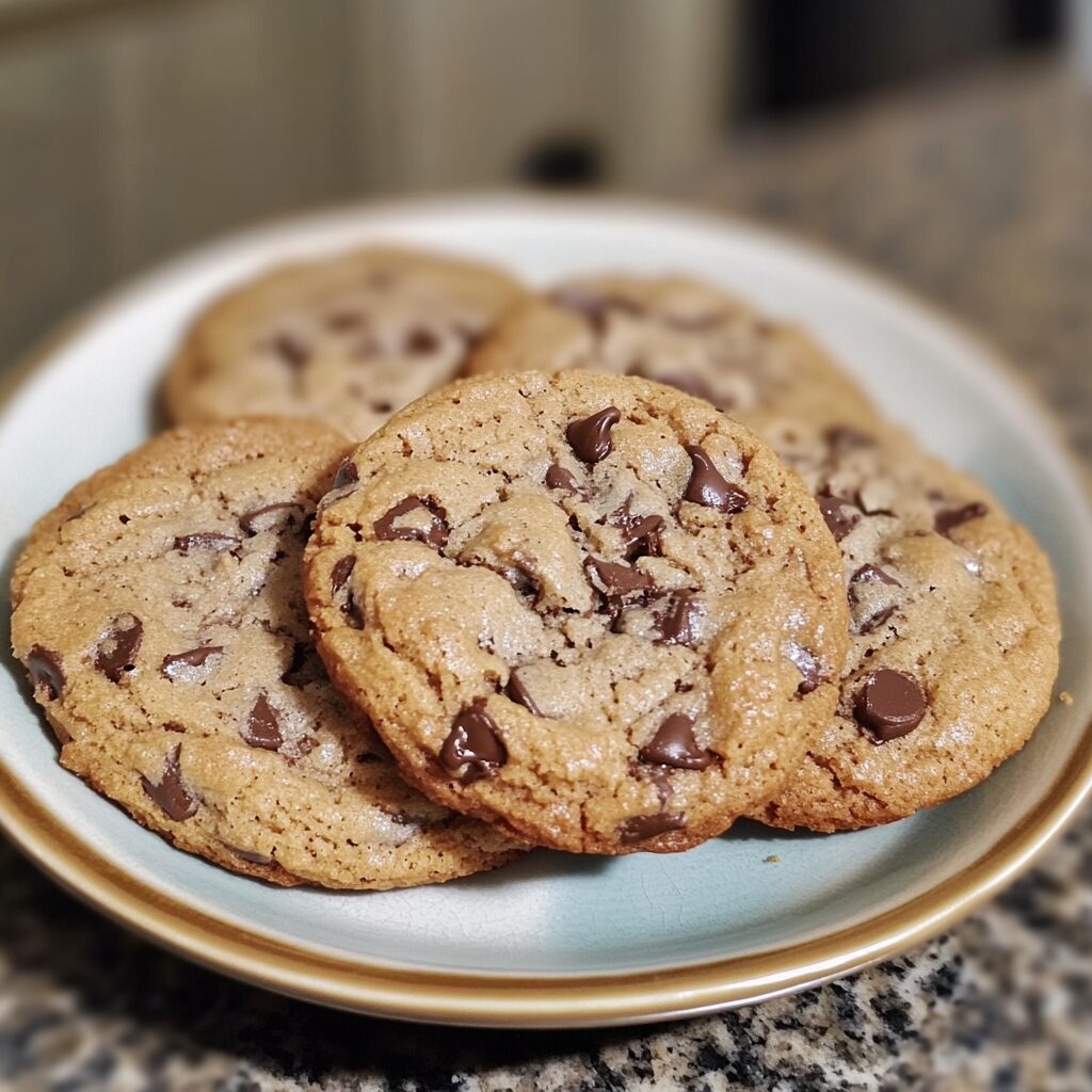 Subway-Style Chocolate Chip Cookies served on a plate in natural light