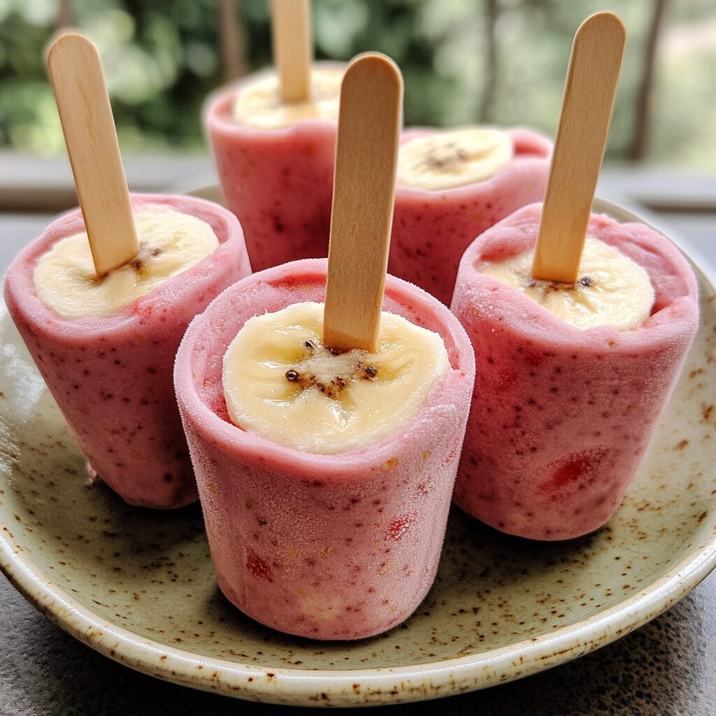 Sugar-Free Strawberry Banana Frozen Yogurt Pops for Toddlers served on a plate in natural light
