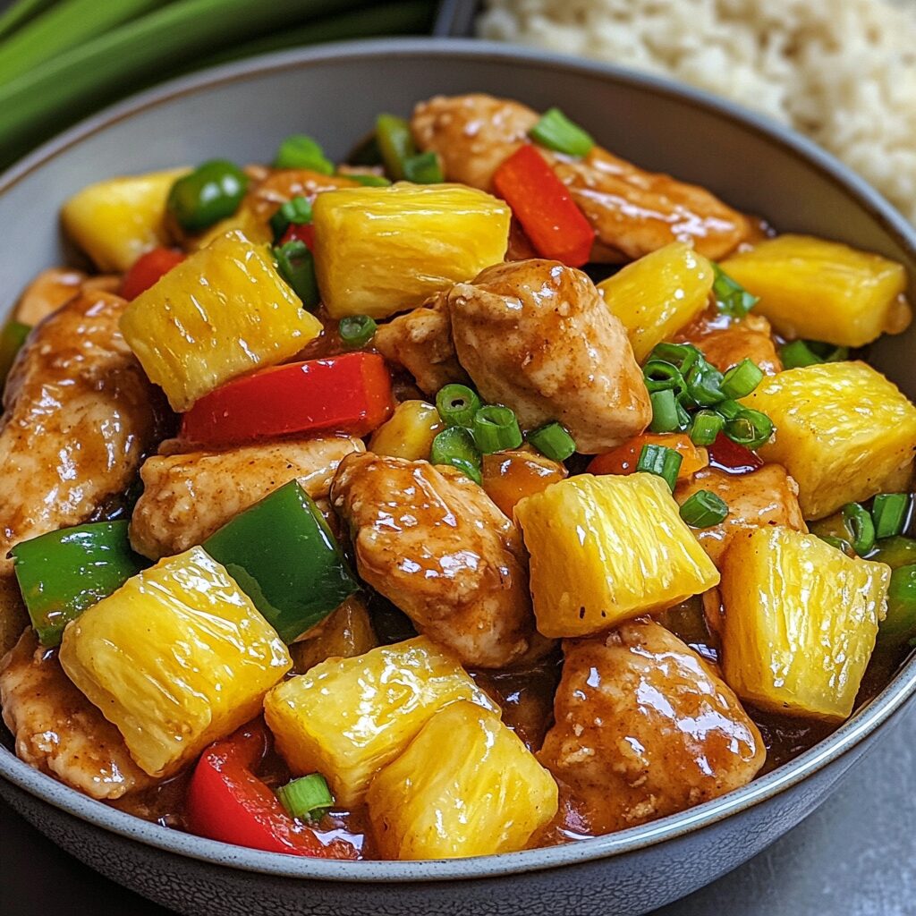 Summer Corn 20 Minute Ginger Pineapple Chicken Stir Fry served with pineapple, bell peppers, and glossy ginger sauce