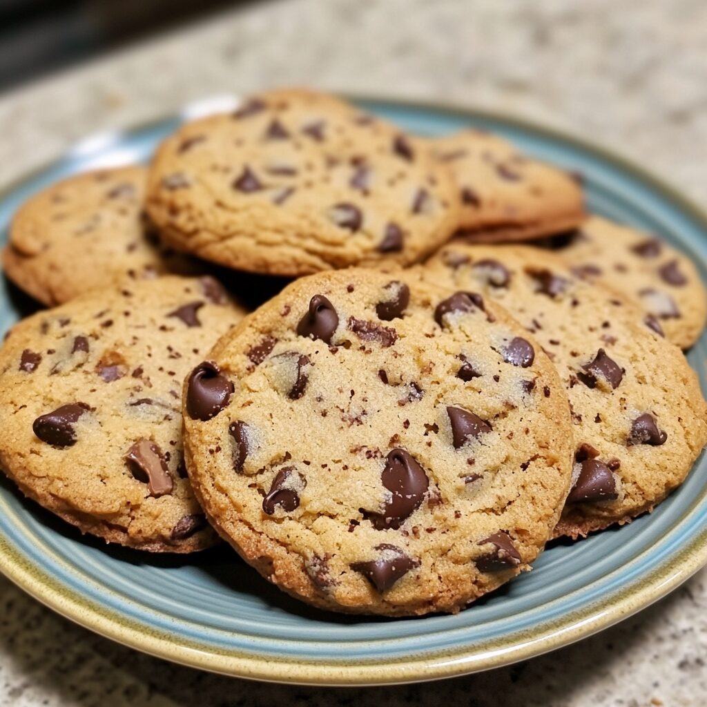 Sweet Chocolate Chip and Toffee Shortbread Cookies served on a plate in natural light