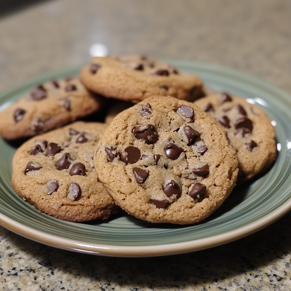 THE BEST CHEWY CHOCOLATE CHIP COOKIES served on a plate in natural light