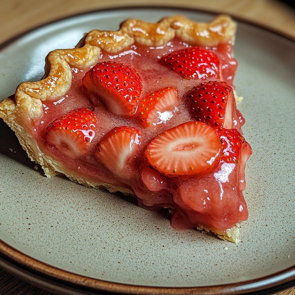 The Best Strawberry Pie served on a plate in natural light