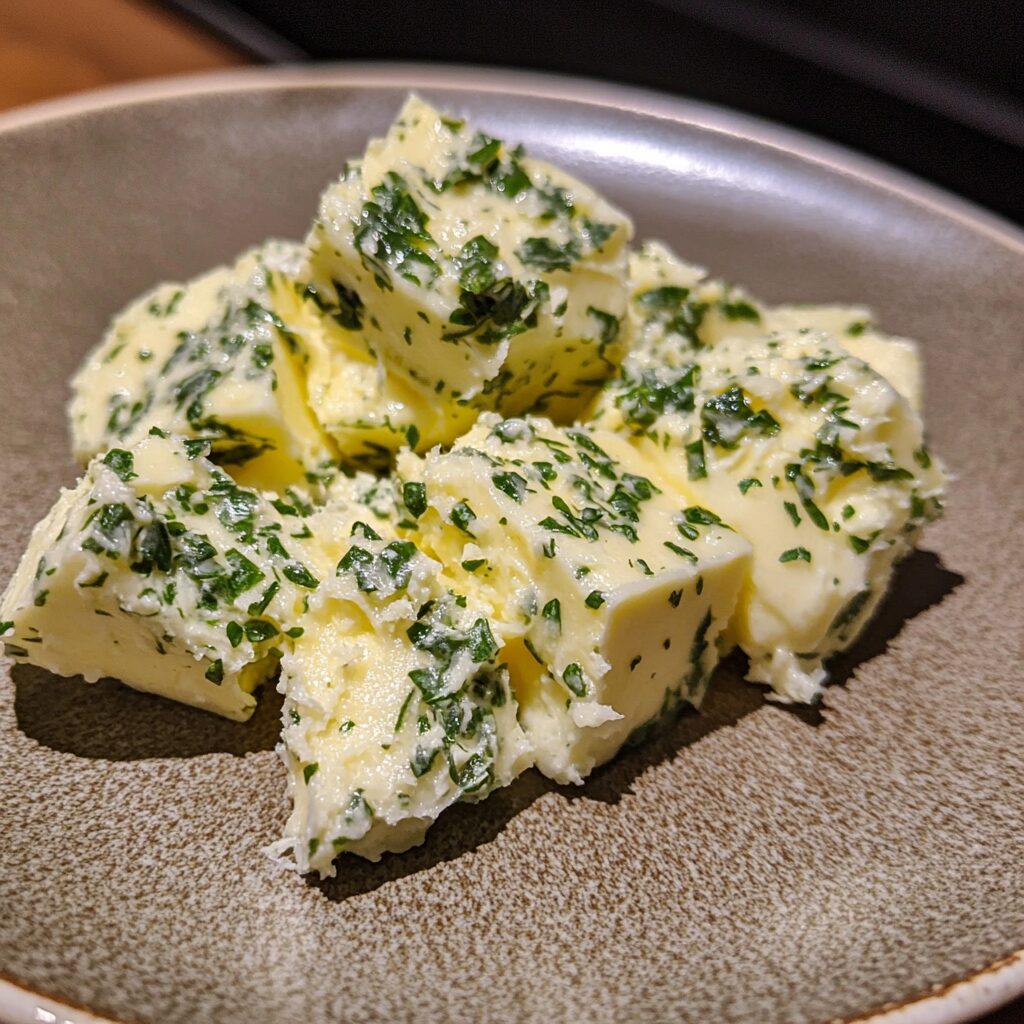 The EASIEST Garlic Herb Butter that you'll want to add to EVERYTHING! served on a plate in natural light