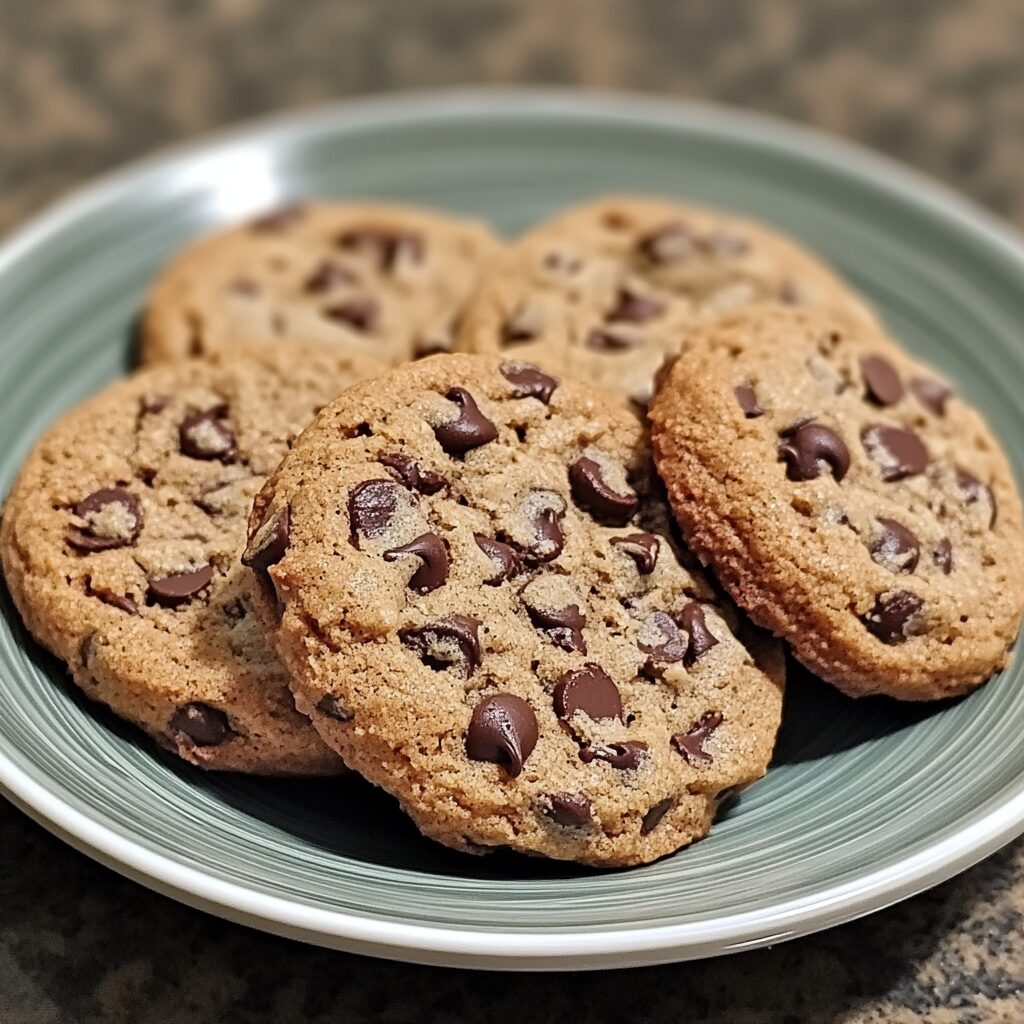 Thick Chocolate Chip Cookies served on a plate in natural light