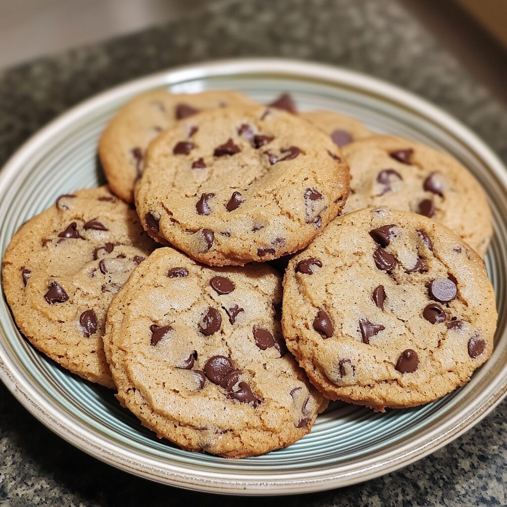 Thick NYC Chocolate Chip Cookies served on a plate in natural light