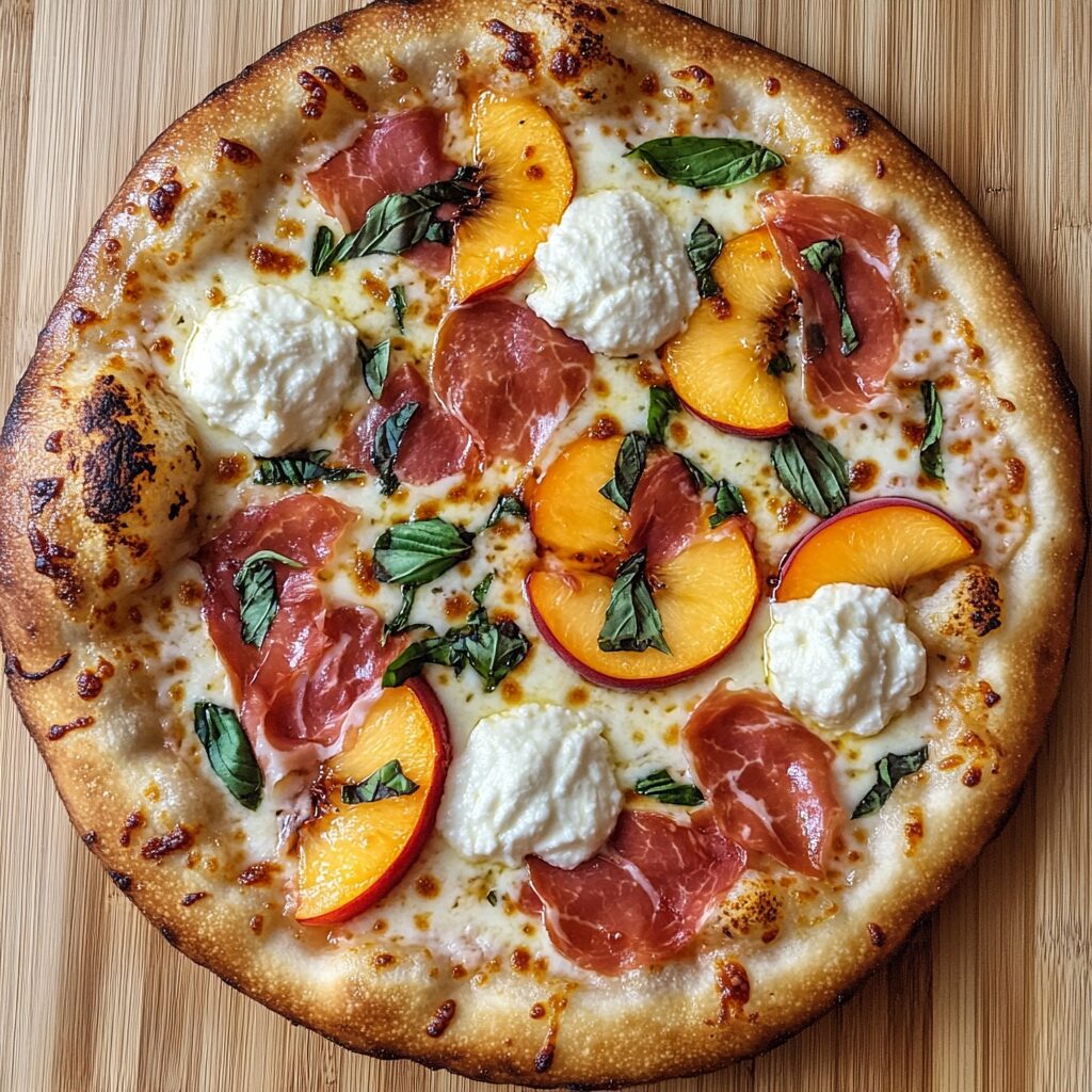 White 3 Cheese Prosciutto Peach Pizza topped with peaches, ricotta, mozzarella, Parmesan, and halal turkey prosciutto-style slices