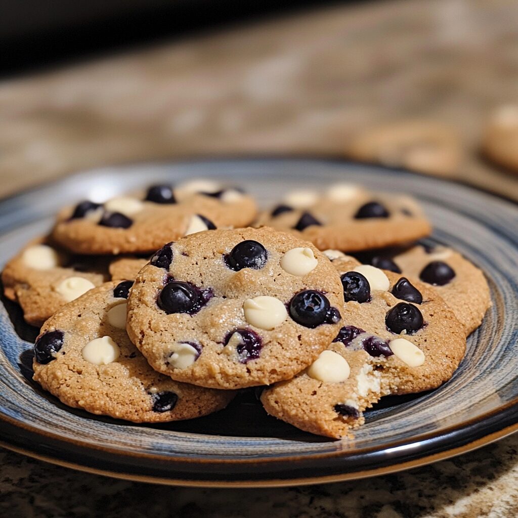 Blueberry White Chocolate Chip Cookies served on a plate in natural light