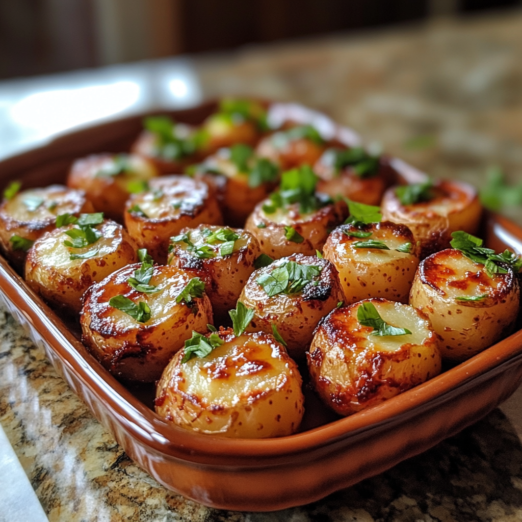 Homemade deviled mini potatoes in a serving dish in a bright kitchen