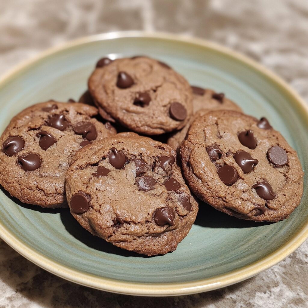 double chocolate chip cookies served on a plate in natural light