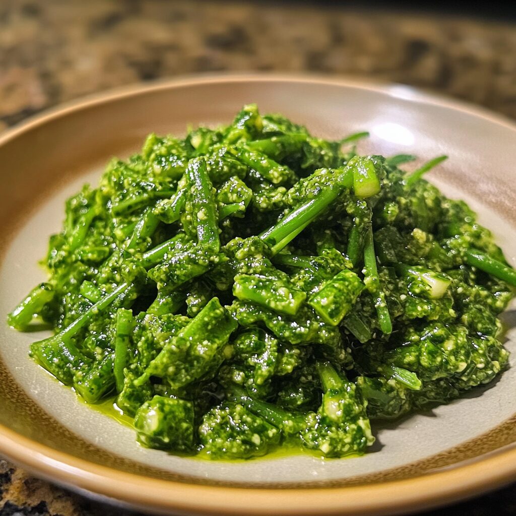 Make This Bright and Fresh Garlic Scape Pesto Recipe served on a plate in natural light