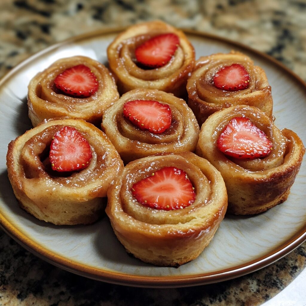 Best Strawberry Cinnamon Rolls served on a plate in natural light