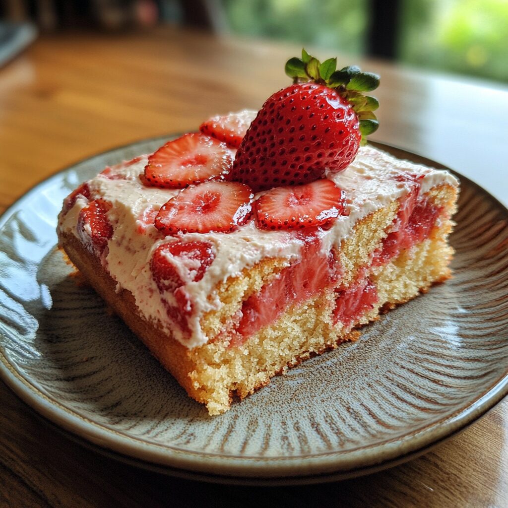 Best Strawberry Sheet Cake served on a plate in natural light