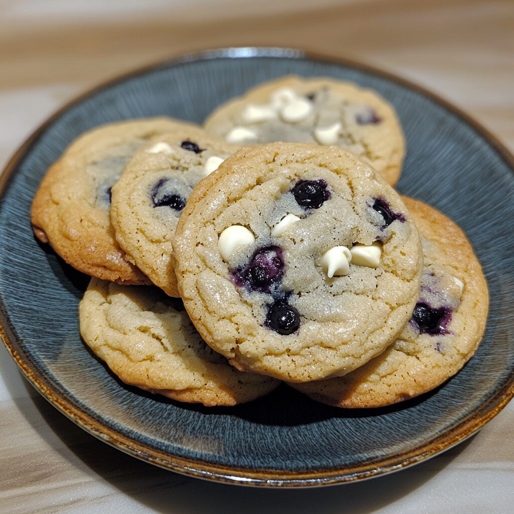 Blueberry White Chocolate Chip Cookies Soft, Chewy & Bakery-Worthy served on a plate in natural light