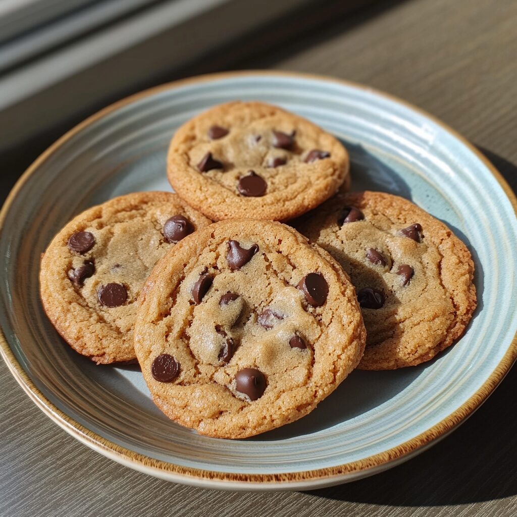 Brown Butter Chocolate Chip Cookies served on a plate in natural light