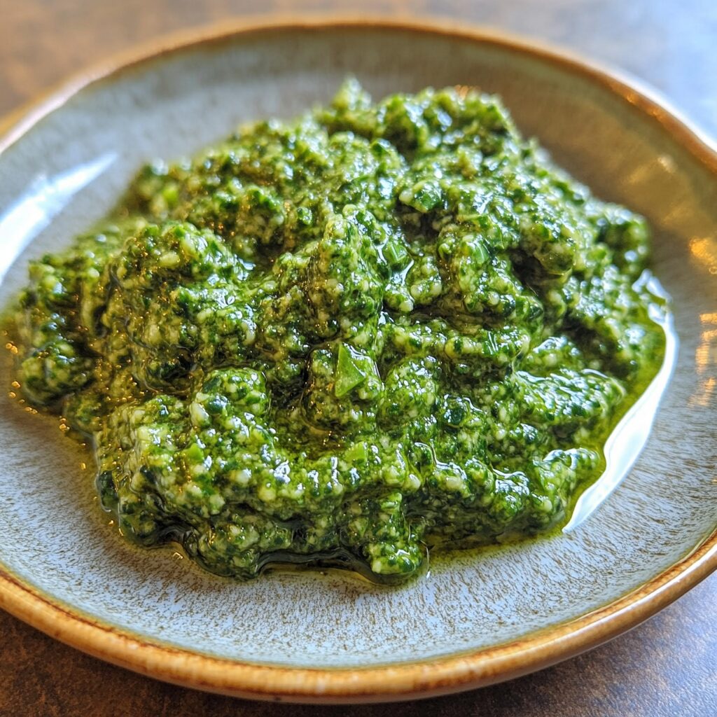 Chive Pesto served on a plate in natural light