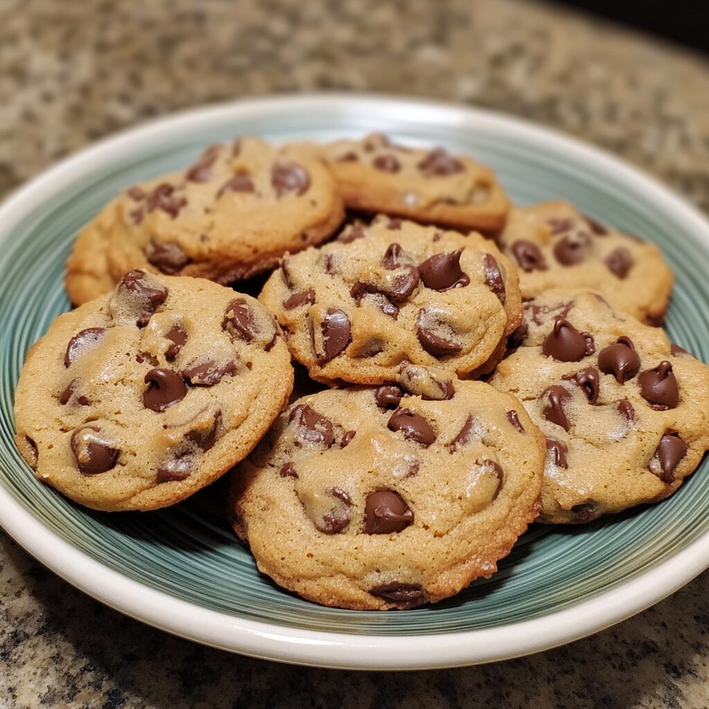 Chocolate Chip Cookies Made with Pudding served on a plate in natural light