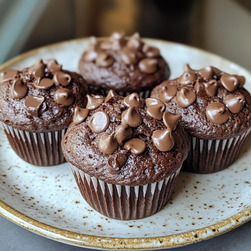 Double Chocolate Muffins- In Bloom Bakery served on a plate in natural light