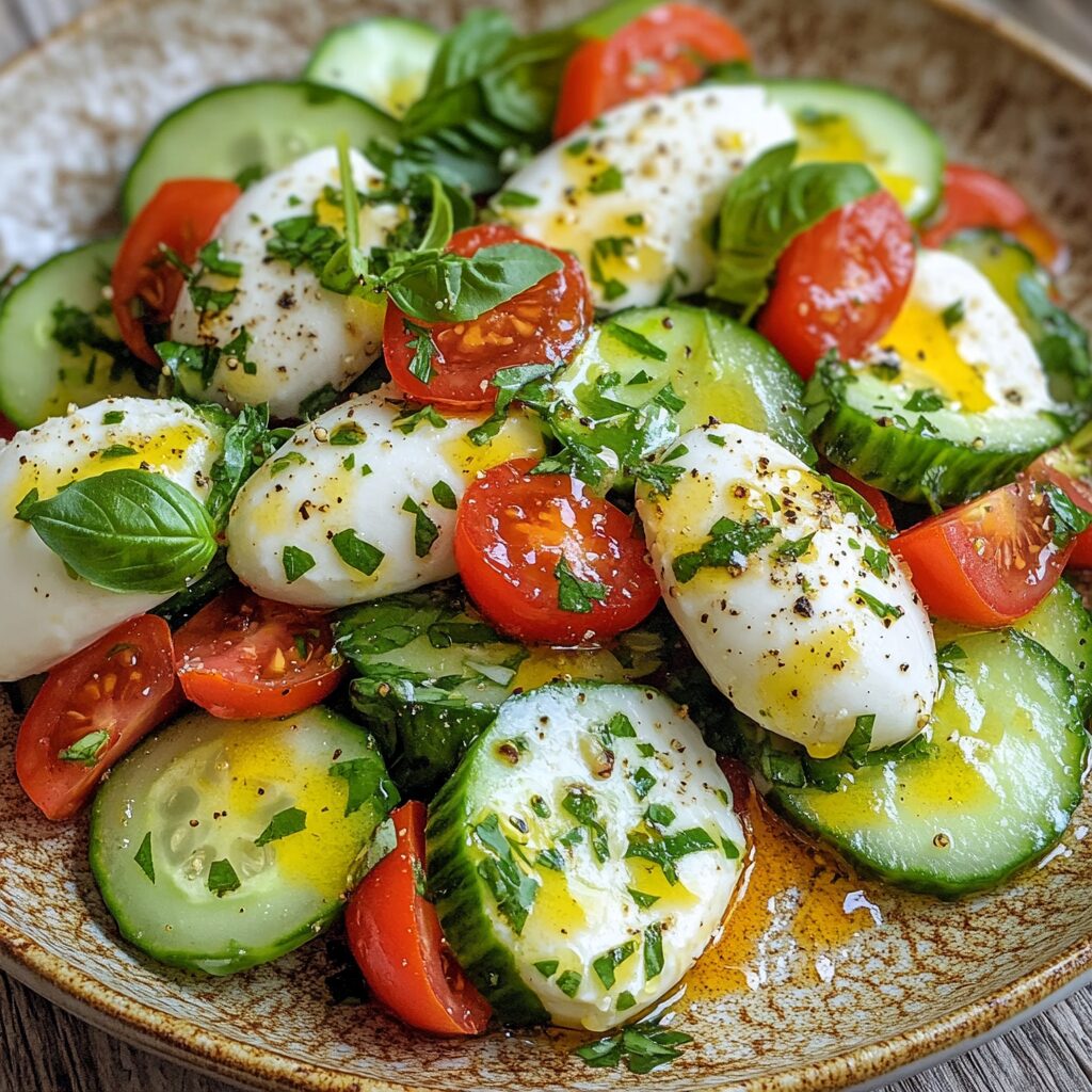 Easy Cucumber Caprese Salad served fresh with rich texture and inviting color