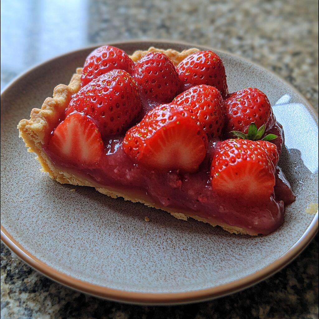 Easy No Bake Strawberry Pie served on a plate in natural light
