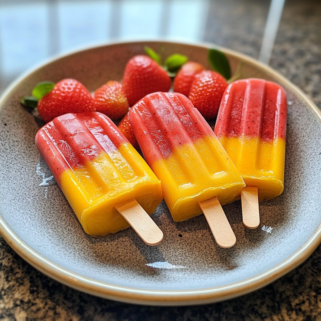 Easy Strawberry Mango Popsicles served on a plate in natural light