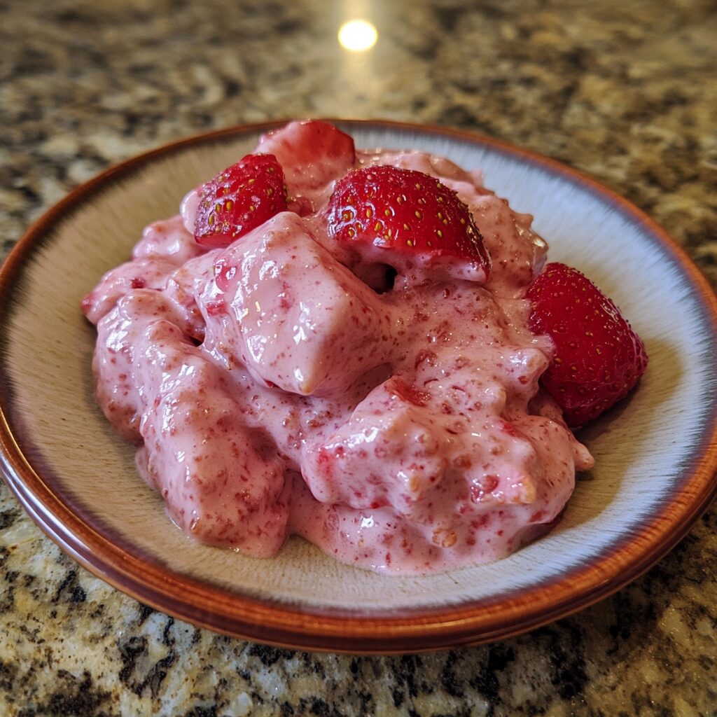 Easy Strawberry Milk Pudding served on a plate in natural light