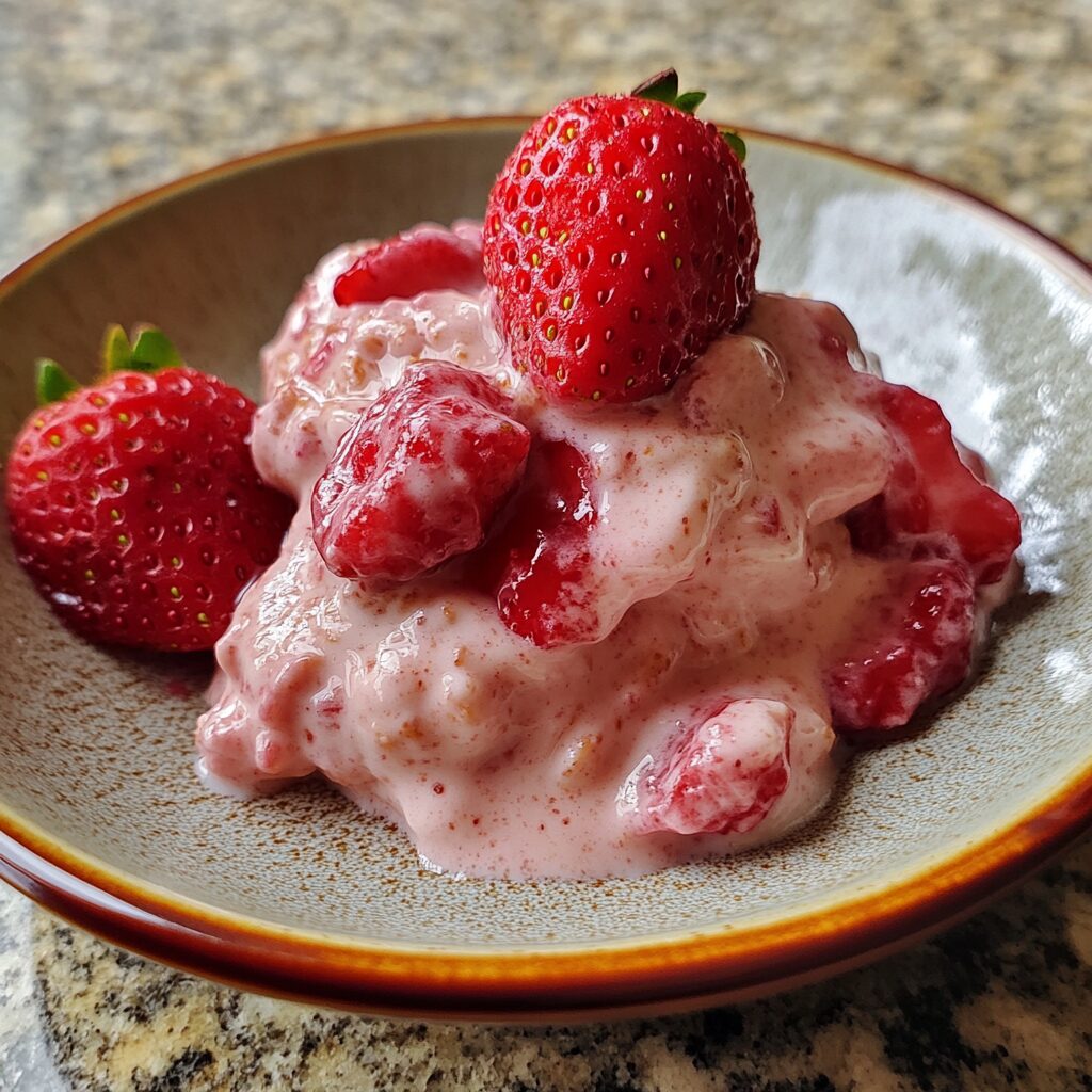 Easy Strawberry Milk Pudding served on a plate in natural light