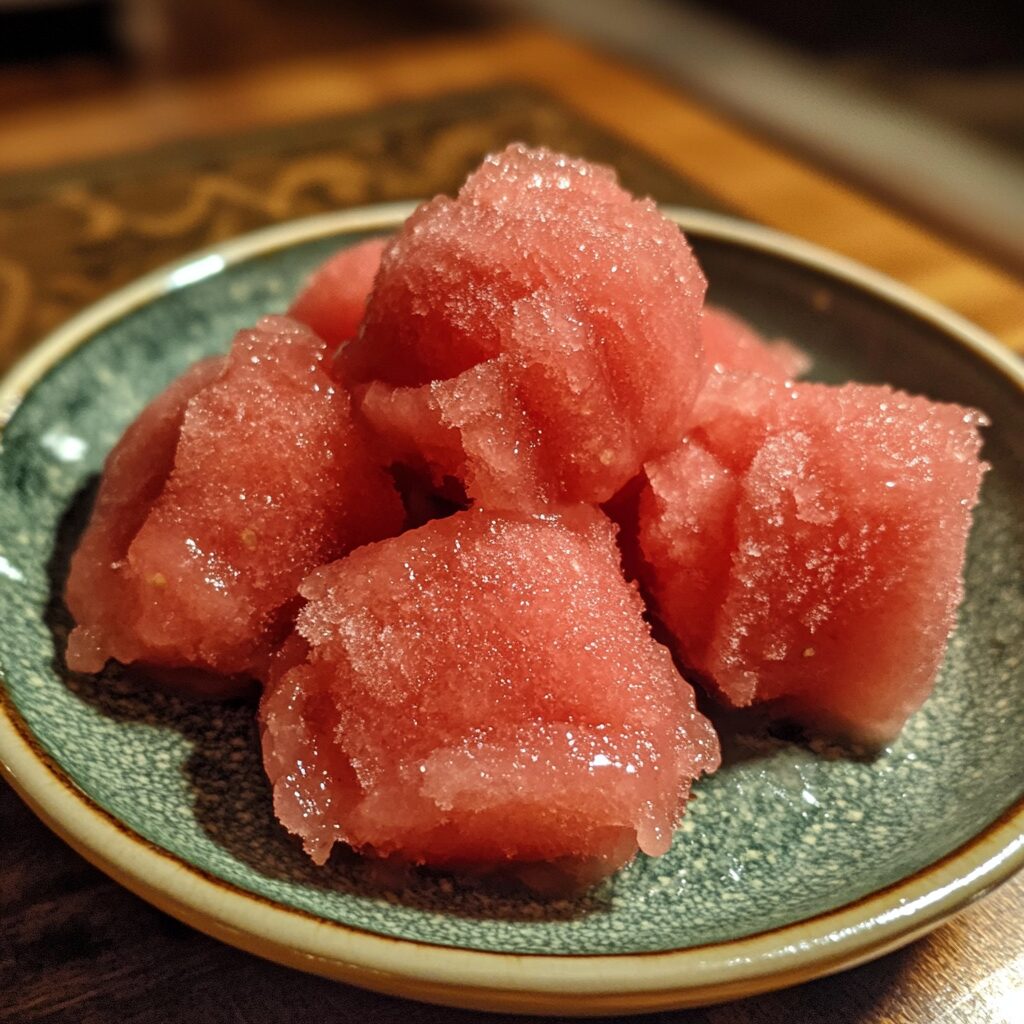 Easy Watermelon Italian Ice served on a plate in natural light