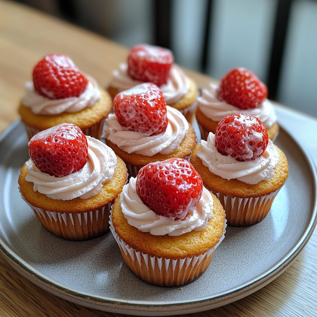 Fresh Strawberry Cupcakes served on a plate in natural light