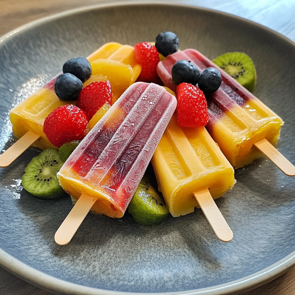 Fruit Popsicles served on a plate in natural light
