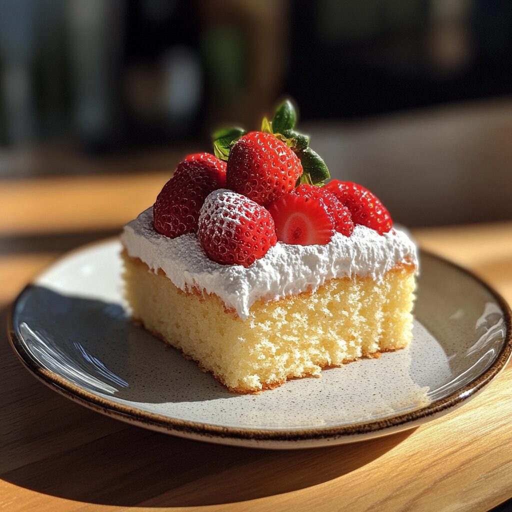 Japanese Strawberry Shortcake Recipe Light Fluffy Sponge Cake served on a plate in natural light