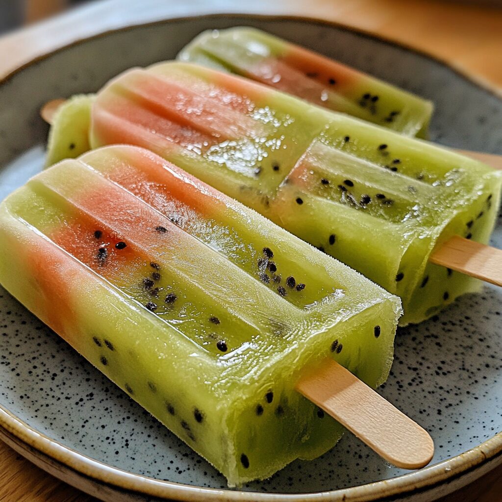 Kiwi Watermelon Fruit Popsicles served on a plate in natural light