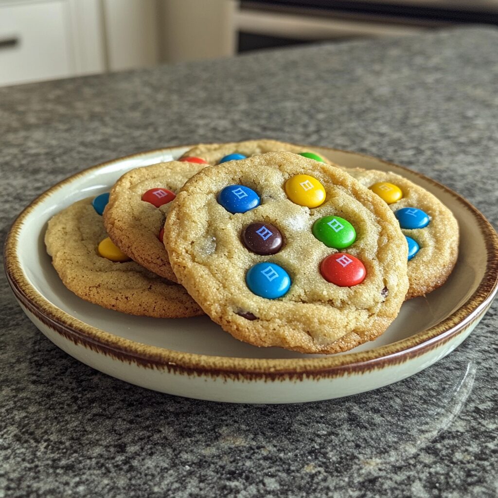 M&M Cookies served on a plate in natural light