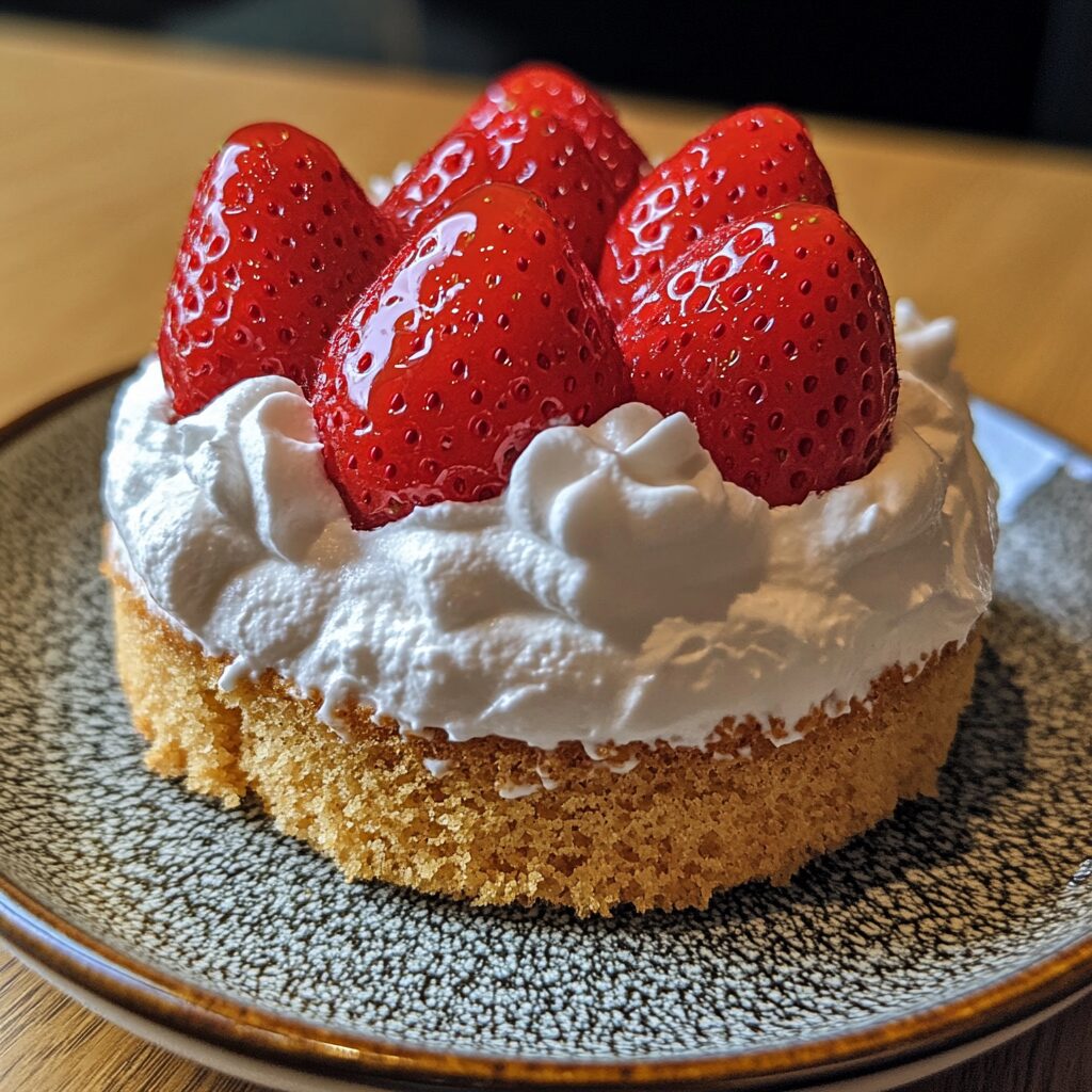 Moist Strawberry Vanilla Cake with Whipped Cream served on a plate in natural light