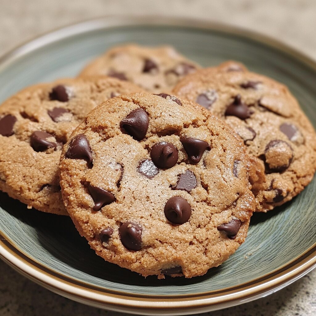 No Butter Chocolate Chip Cookies served on a plate in natural light