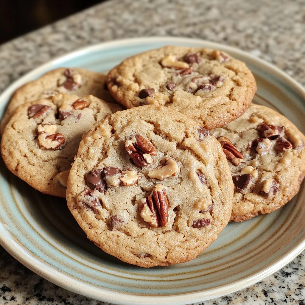 Simple Browned Butter Pecan Chocolate Chip Cookies served on a plate in natural light
