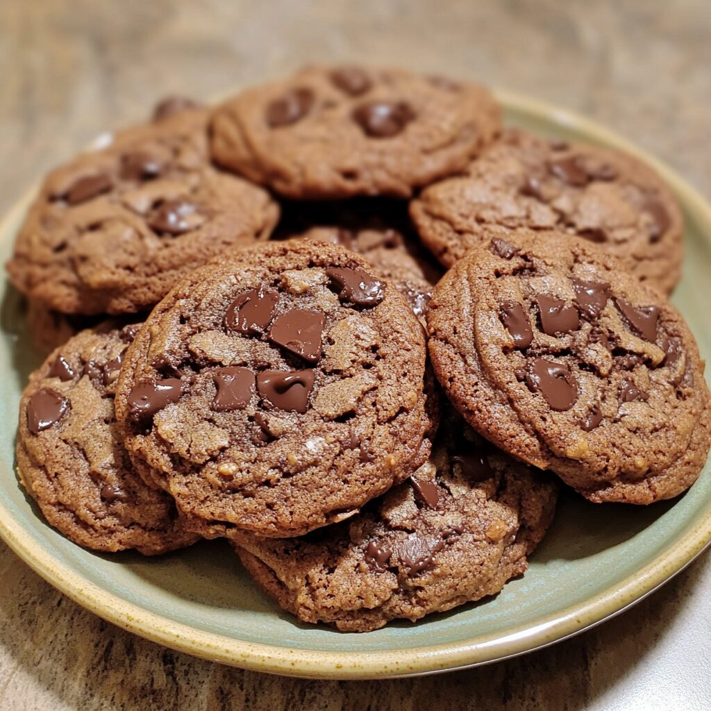 Simple Double Chocolate Chip Cookies Gourmet Cookie Recipes Spring Cookies Spring Desserts served on a plate in natural light