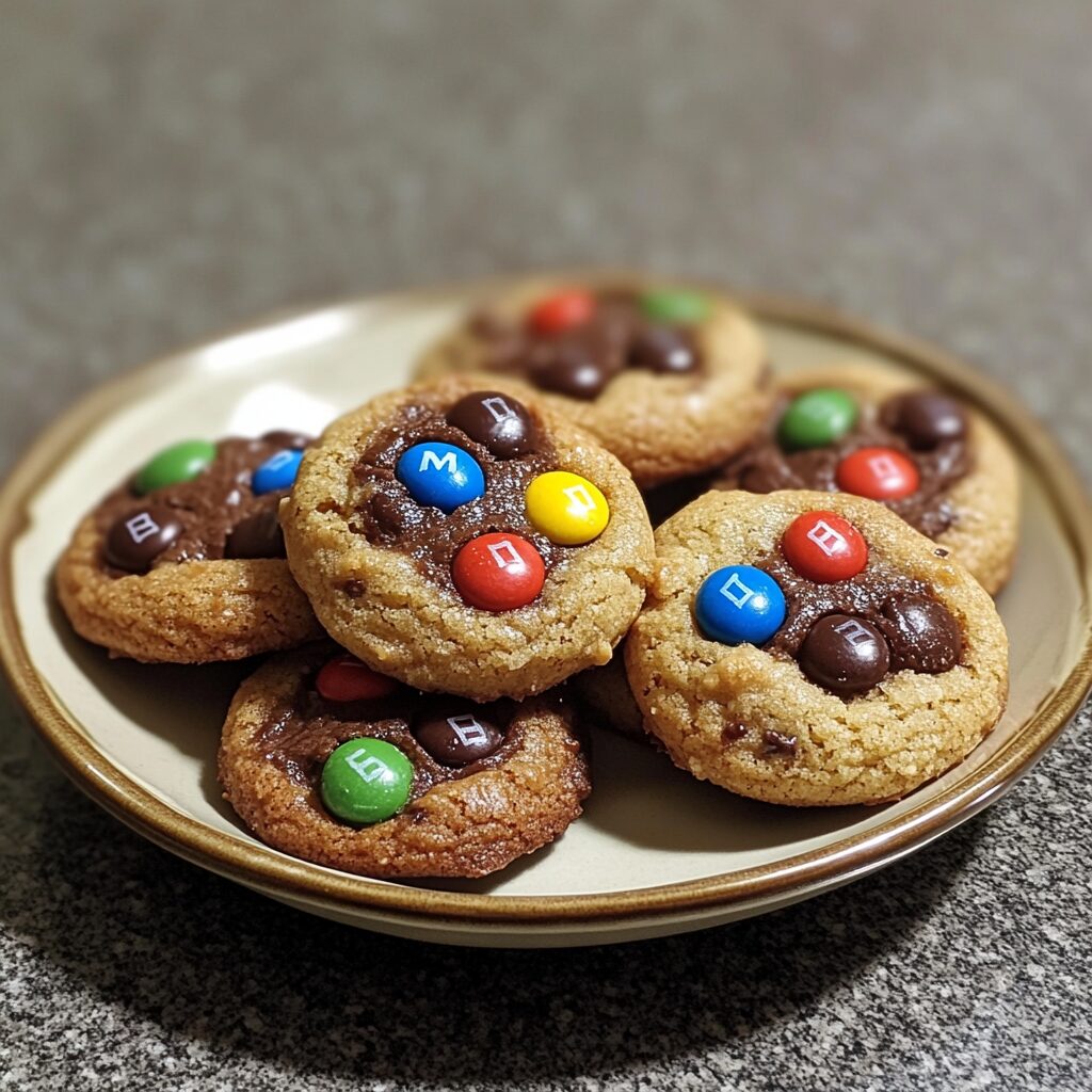 Soft Chocolate M&M Cookies served on a plate in natural light