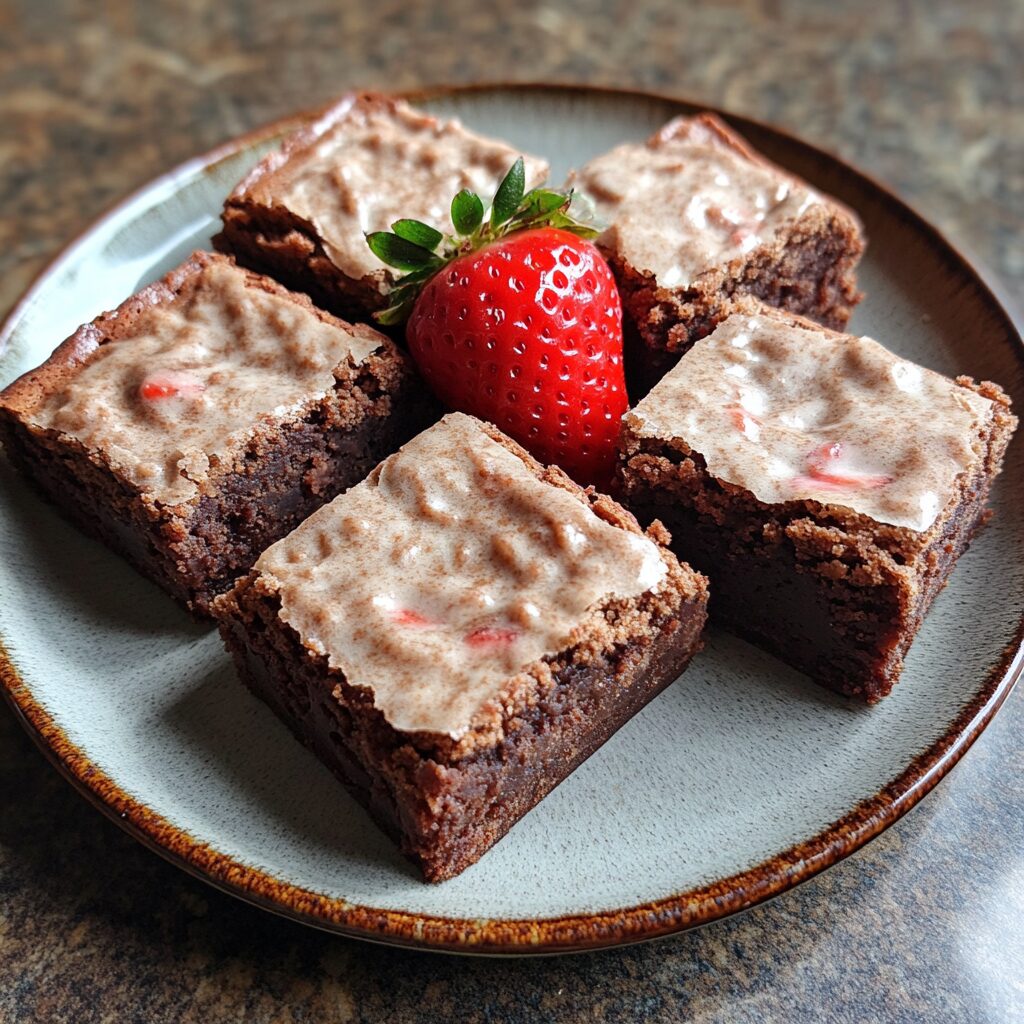 Strawberry Brownies Recipe with Creamy Frosting Option served on a plate in natural light