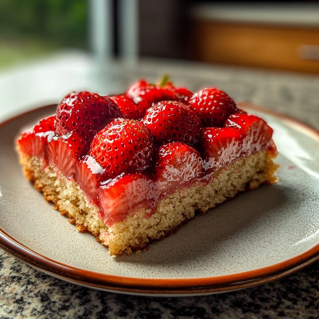 Strawberry Cake Recipe served on a plate in natural light
